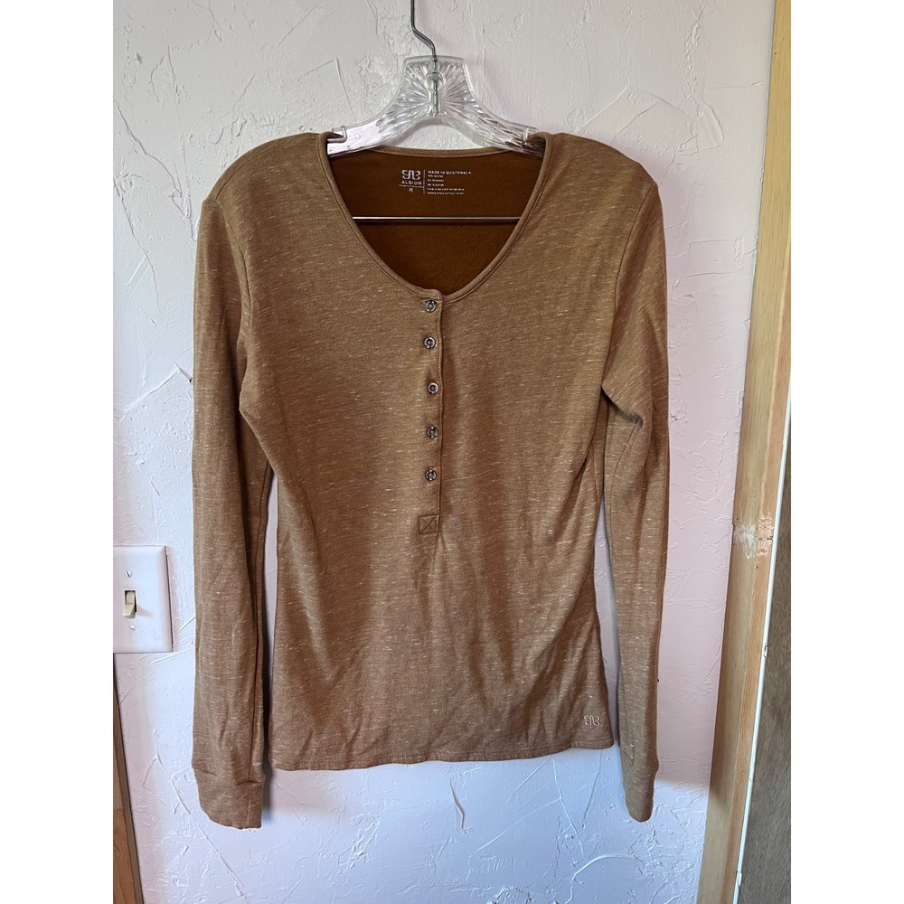Albion Fit Womens Henley Long Sleeve Top Camel Brown Heathered Size M